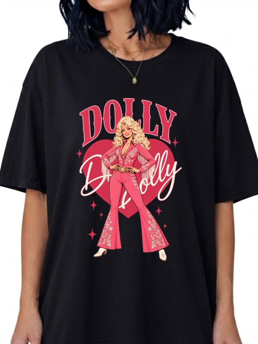 Dolly Parton Pink Jumpsuit Heart Vintage Black T-Shirt